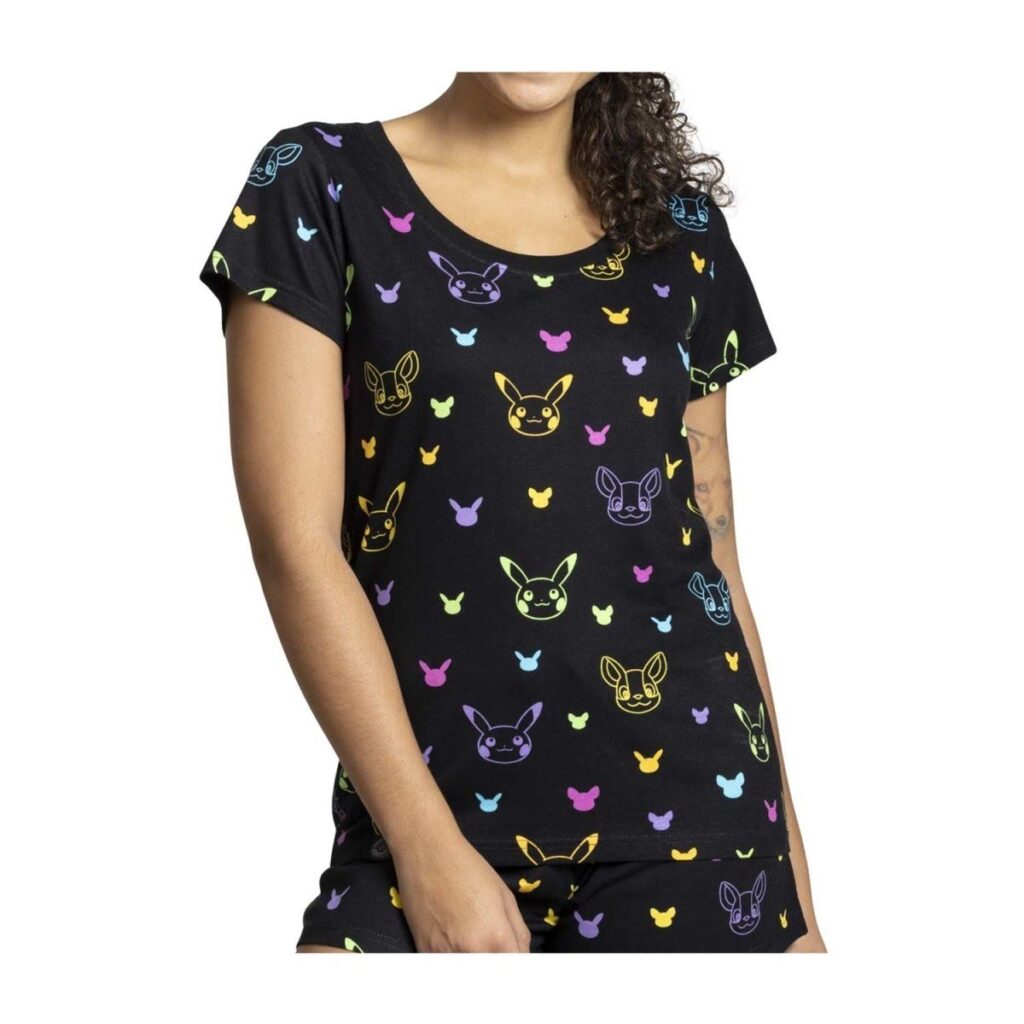 53b35e95-343a-591a-ae12-947b6cd4200e-1024x1024-1.jpg Pikachu & Yamper Electric Pals Black Relaxed Fit Scoop Neck T-Shirt – Women - Image 1
