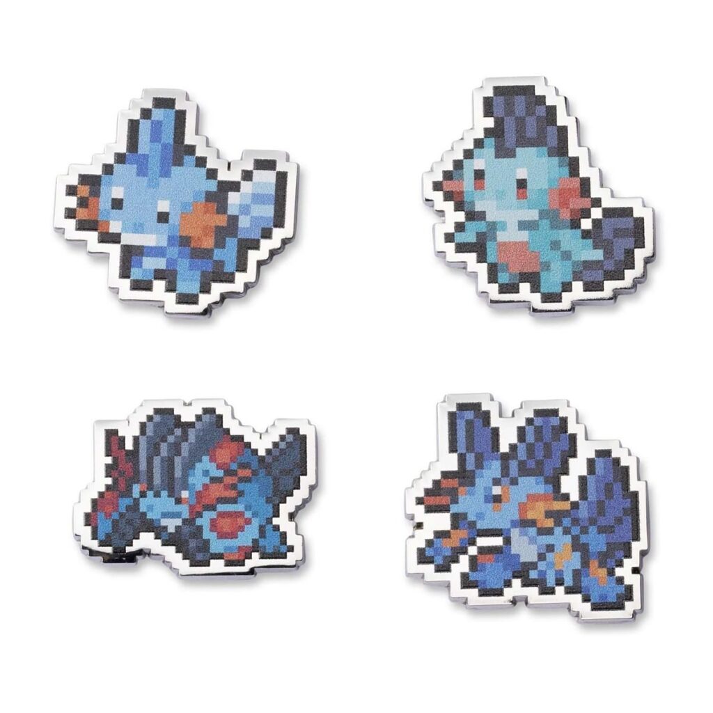 614a453b-1e20-5941-ab93-75ccff1b98c1-1024x1024-1.jpg Mudkip, Marshtomp, Swampert & Mega Swampert Pokémon Pixel Pins (4-Pack) - Image 1