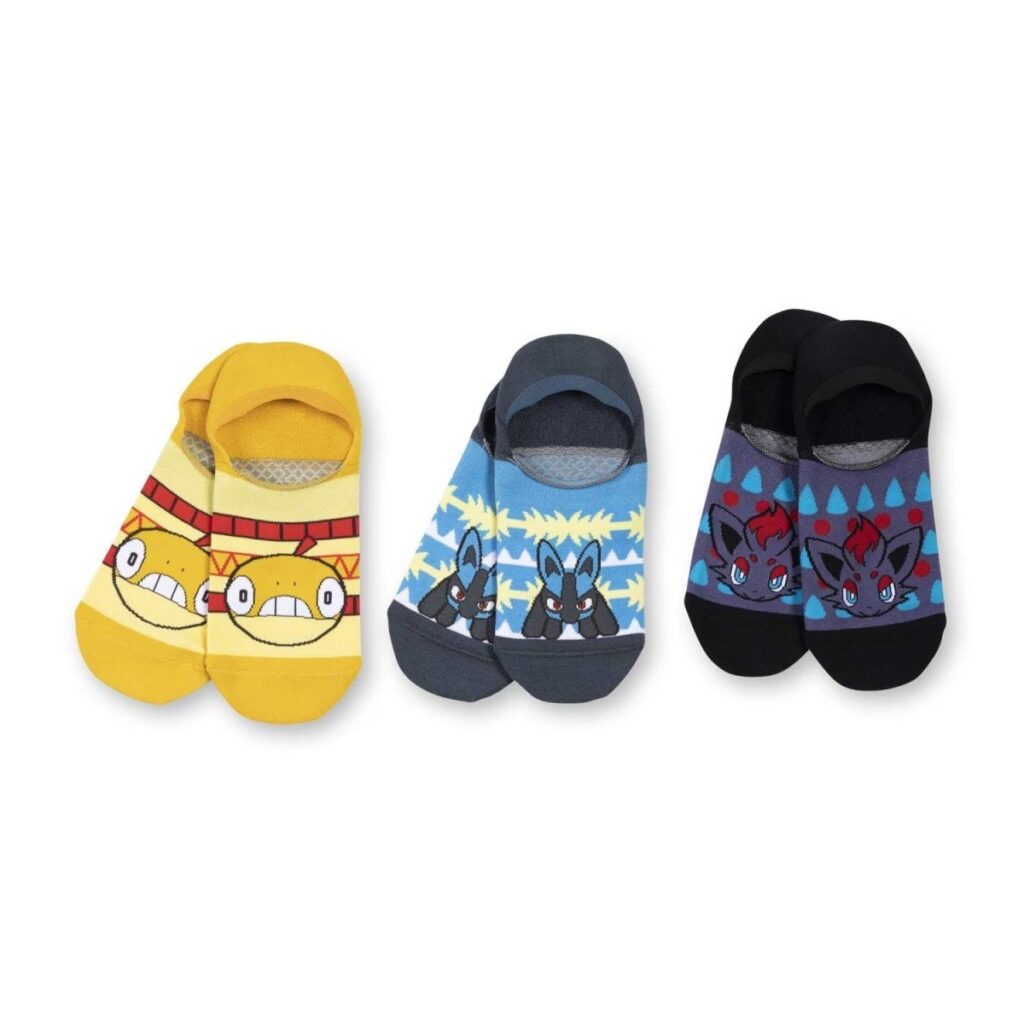8baf0e65-0c9a-5078-b1ff-3dc341ae97bc-1024x1024-1.jpg Lucario, Scraggy & Zorua No-Show Socks (3 Pairs) (One Size-Adult) - Image 1