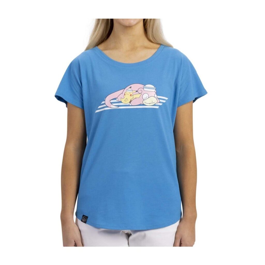 ba8b1196-0882-575e-91b2-0d849c7bdb61-1024x1024-1.jpg Pikachu & Slowpoke Pokémon Summer Days Blue Scoop Neck T-Shirt – Women - Image 1