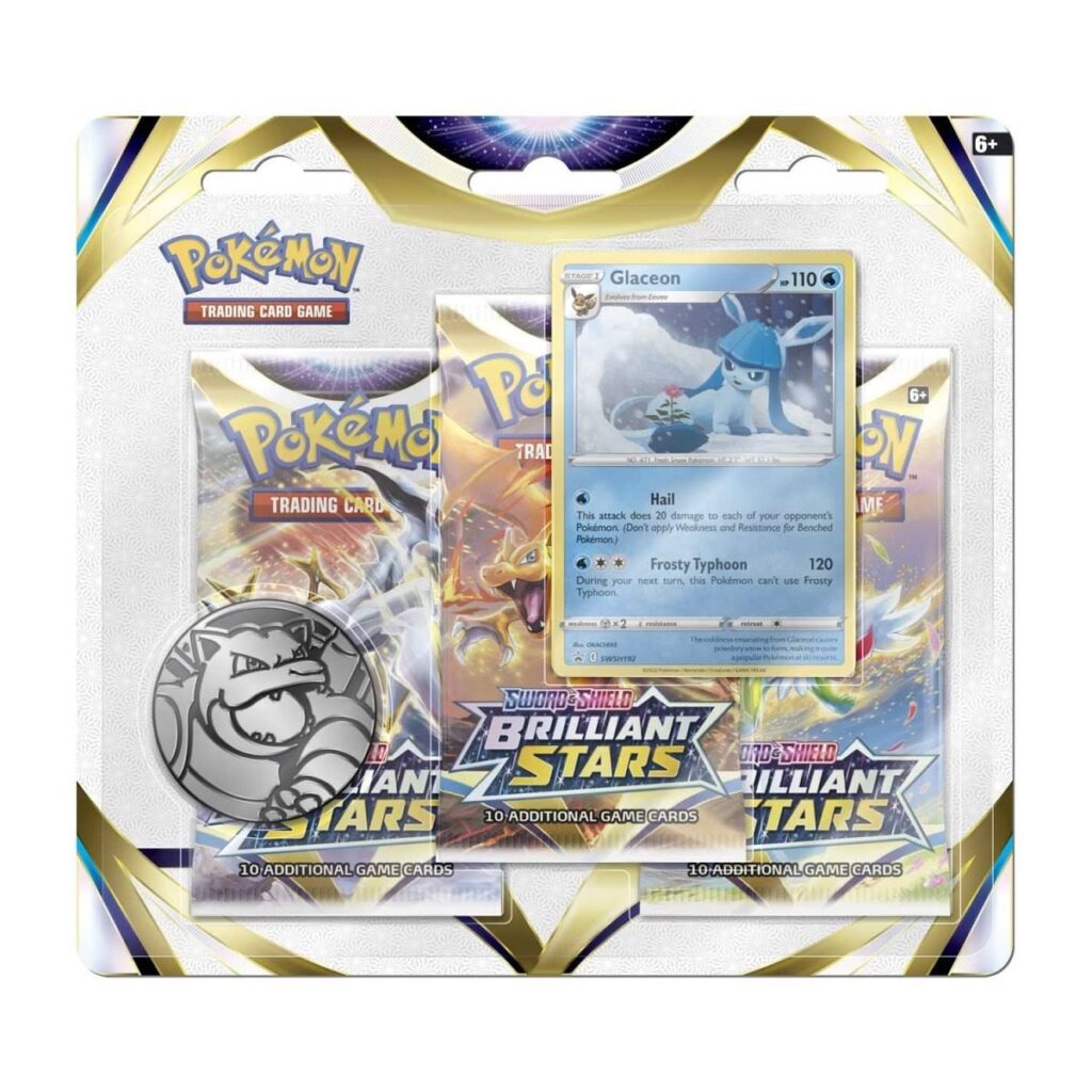 dec2bbdf-ca0e-5895-87f2-766f96c199d5-1024x1024-1.jpg Pokémon TCG: Sword & Shield-Brilliant Stars 3 Booster Packs, Coin & Glaceon Promo Card - Image 1