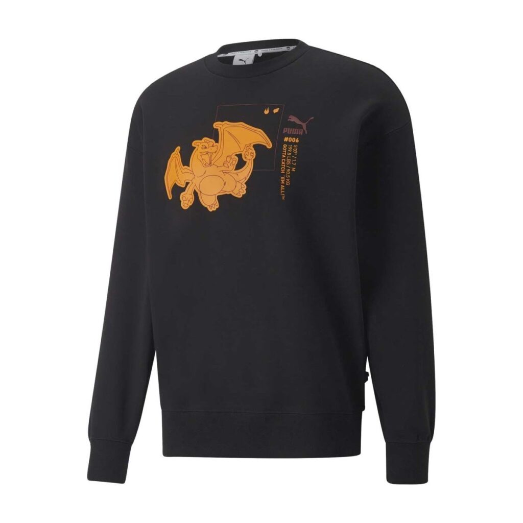e019b357-5499-55c4-a45b-67f3c502ea2e-1024x1024-1.jpg PUMA × Pokémon: Charizard Puma Black Fleece Relaxed Fit Crew Neck Sweatshirt – Adult - Image 1